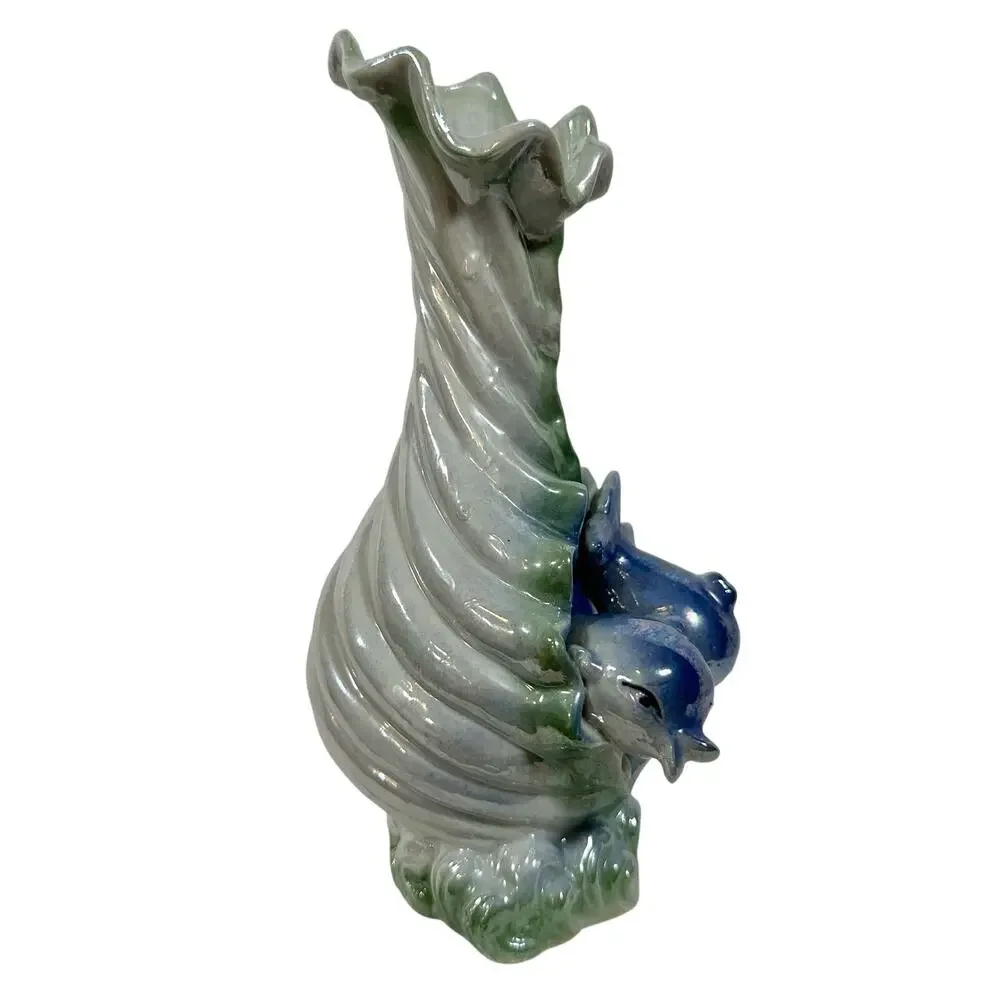 VTG Ceramic Iridescent Blue Sea Ocean Wave 2 Dolphins Scallop Shell Bud Vase